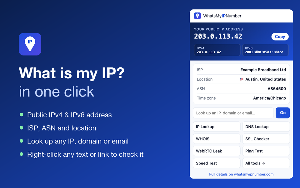 The ToolsForAnyone extension popup showing an IP address, ISP, location and quick tool links